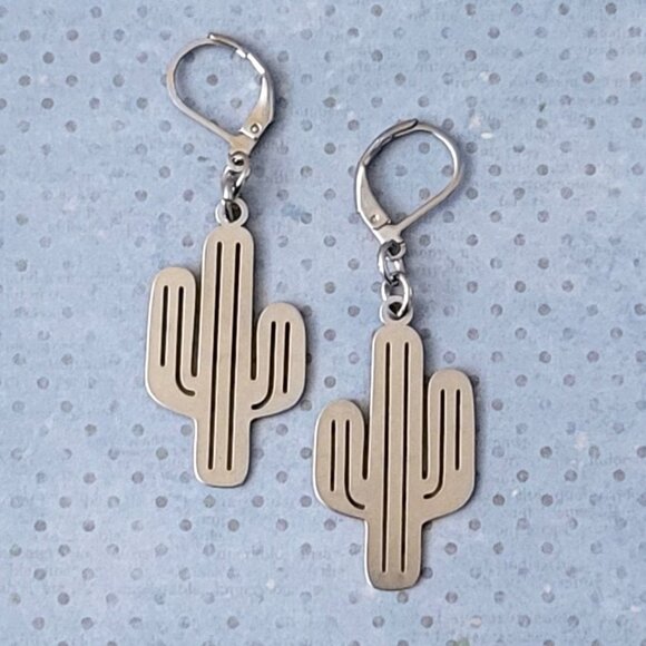 CACTUS Charm Earrings Stainless Steel Lever Back Earwires Arizona Desert Western - Picture 2 of 12